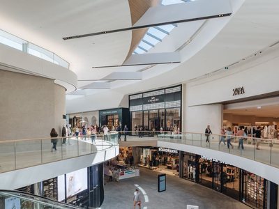 Inside Karrinyup Shopping Centre: two curved levels of shops